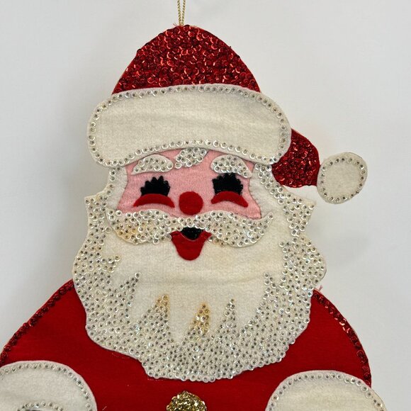 Vintage Handmade Felt Santa Wall Hanging Christmas Card Holder Sequins 23" Retro - Picture 6 of 12